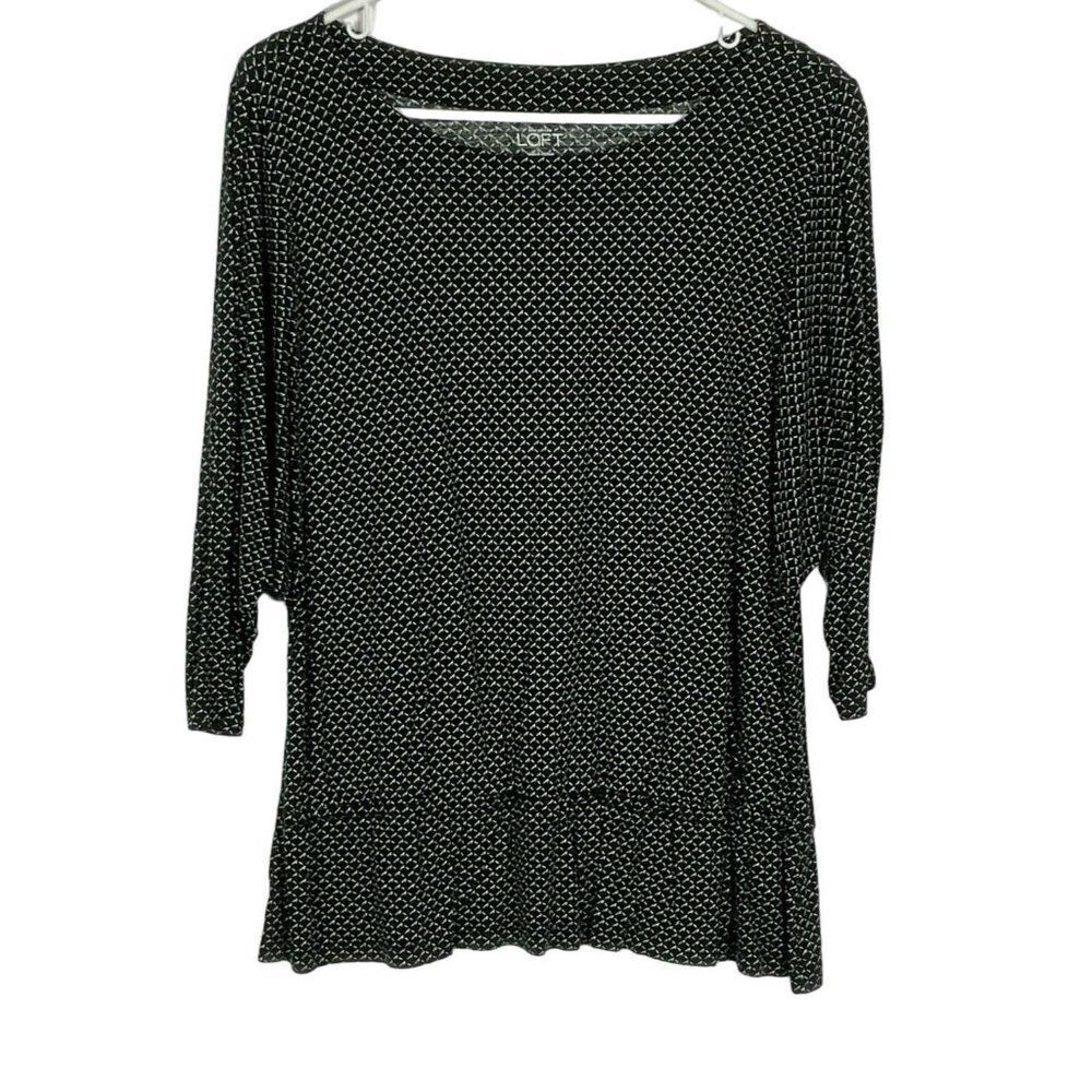 LOFT Dash Print Peplum Hem Top, size large, black with white print